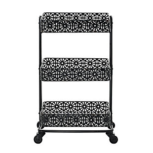 Roll out a salon-centric look with this 3-tier metal cart on casters. A trio of rectangular shelves provide ample storage for beauty and bath accessories. What a handy addition to a home office or crafts room, too.Made of iron | 3-tier design; 10 lb. weight limit per shelf | Casters for easy mobility | Assembly required