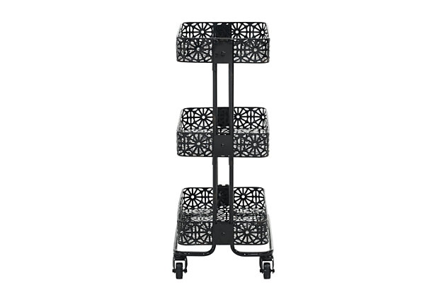 Roll out a salon-centric look with this 3-tier metal cart on casters. A trio of rectangular shelves provide ample storage for beauty and bath accessories. What a handy addition to a home office or crafts room, too.Made of iron | 3-tier design; 10 lb. weight limit per shelf | Casters for easy mobility | Assembly required