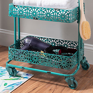 Roll out a salon-centric look with this 3-tier metal cart on casters. A trio of rectangular shelves provide ample storage for beauty and bath accessories. What a handy addition to a home office or crafts room, too.Made of iron | 3-tier design; 10 lb. Weight limit per shelf | Casters for easy mobility | Assembly required