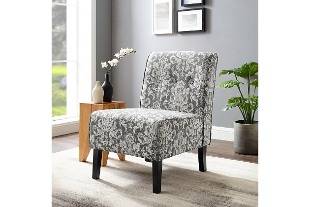 Give your seating area a plush addition with this beautiful accent chair. The gray and white damask patterned upholstery and attractive button-tufted details deliver classic beauty, while the armless design makes it easy to pair this chair with tables and other furnishings. Foam filling provides added cushioning and support for exceptional comfort, and this chair boasts solid hardwood and pine construction for lasting durability.Made of solid wood, pine, hardwood, foam and fabric | Gray and white damask pattern | Jacquard fabric upholstery | Legs in black finish | Some assembly required