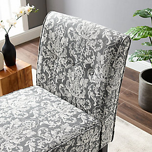 Give your seating area a plush addition with this beautiful accent chair. The gray and white damask patterned upholstery and attractive button-tufted details deliver classic beauty, while the armless design makes it easy to pair this chair with tables and other furnishings. Foam filling provides added cushioning and support for exceptional comfort, and this chair boasts solid hardwood and pine construction for lasting durability.Made of solid wood, pine, hardwood, foam and fabric | Gray and white damask pattern | Jacquard fabric upholstery | Legs in black finish | Some assembly required