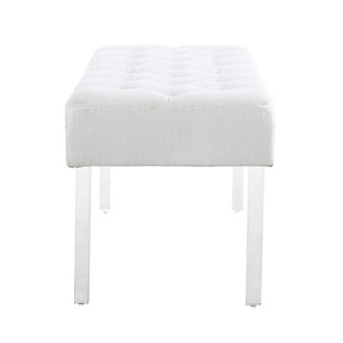Exuding modern design and appeal, this bench features acrylic legs and is ideal for adding eye-catching style to any space. The clear acrylic legs offer a dramatic look to the simple shape. The plush seat is upholstered in a linen weave fabric with silver lurex threads and simple tufted details. Perfect for placing in a bedroom, dressing area or living space.Acrylic, fabric and foam | White linen upholstery | Tufted seat | Clear acrylic legs | Assembly required