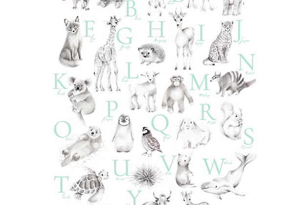 Your child will want to learn the ABCs when they see this mint alphabet wall art with illustrations of baby animals.Art created by Nicky Quartermaine Scott | The giclee method of printing is used to create these paper prints | The giclee method of printing is the highest quality reproduction method available | These giclee prints use premium archival paper | Ready to frame