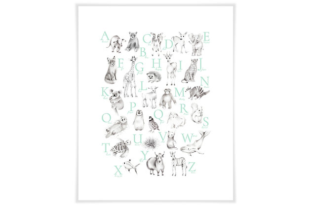 Your child will want to learn the ABCs when they see this mint alphabet wall art with illustrations of baby animals.Art created by Nicky Quartermaine Scott  | The giclee method of printing is used to create these paper prints  | The giclee method of printing is the highest quality reproduction method available  | These giclee prints use premium archival paper  | Ready to frame