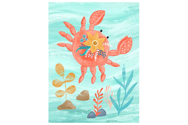 Sea what a difference high-quality giclee makes with this delightful gallery wrapped wall art from famed artist Olivia Gibbs. An imaginative rendering of a flower-adorned baby crab, it’s sure to be a fresh and fun addition to a nursery or child’s room.Gallery wrapped canvas wall art | Created using highest quality digital reproduction method for exceptional color and clarity | Printed on artist-grade premium canvas, stretched by hand over custom-built 1.5" wood frame | Proudly printed in the USA