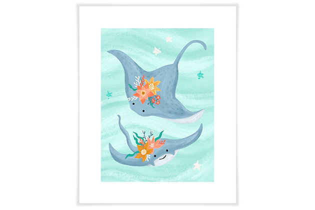Two stingray friends in beautiful flower crowns glide and play all day.Art created by Olivia Gibbs | The giclee method of printing is used to create these paper prints | The giclee method of printing is the highest quality reproduction method available | These giclee prints use premium archival paper | Ready to frame