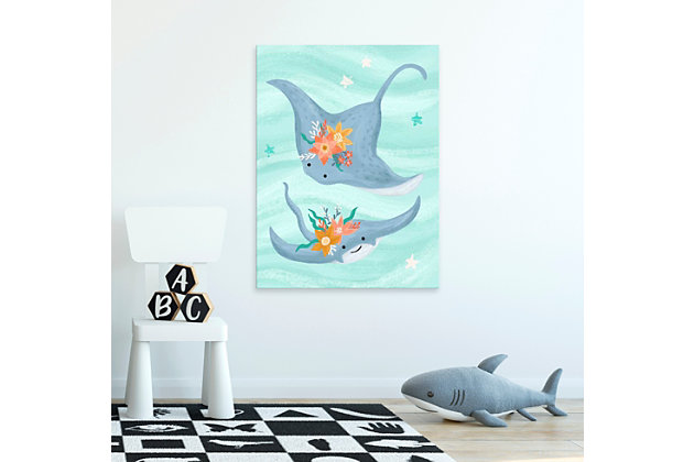 Sea what a difference high-quality digital reproduction makes with this delightful gallery wrapped wall art from famed artist Olivia Gibbs. An imaginative rendering of two flower-adorned stingrays at play, it’s sure to be a fresh and fun addition to a nursery or child’s room.Gallery wrapped canvas wall art | Created using highest quality digital reproduction method for exceptional color and clarity | Printed on artist-grade premium canvas, stretched by hand over custom-built 1.5" wood frame | Proudly printed in the USA