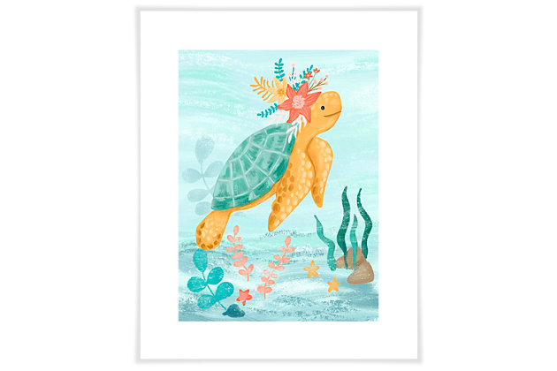 The perfect addition to any mermaid-loving child's room is a turtle dress in a flower crown.Art created by Olivia Gibbs | The giclee method of printing is used to create these paper prints | The giclee method of printing is the highest quality reproduction method available | These giclee prints use premium archival paper | Ready to frame