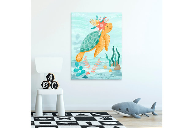 Sea what a difference high-quality digital reproduction makes with this delightful gallery wrapped wall art from famed artist Olivia Gibbs. An imaginative rendering of a flower-adorned turtle at play, it’s sure to be a fresh and fun addition to a nursery or child’s room.Gallery wrapped canvas wall art | Created using highest quality digital reproduction method for exceptional color and clarity | Printed on artist-grade premium canvas, stretched by hand over custom-built 1.5" wood frame | Proudly printed in the USA