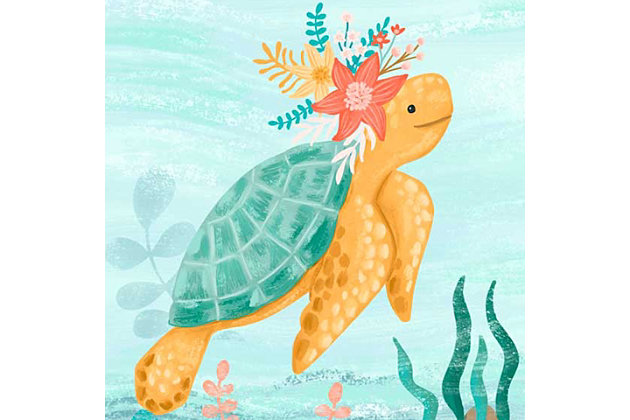 Sea what a difference high-quality digital reproduction makes with this delightful gallery wrapped wall art from famed artist Olivia Gibbs. An imaginative rendering of a flower-adorned turtle at play, it’s sure to be a fresh and fun addition to a nursery or child’s room.Gallery wrapped canvas wall art | Created using highest quality digital reproduction method for exceptional color and clarity | Printed on artist-grade premium canvas, stretched by hand over custom-built 1.5" wood frame | Proudly printed in the USA