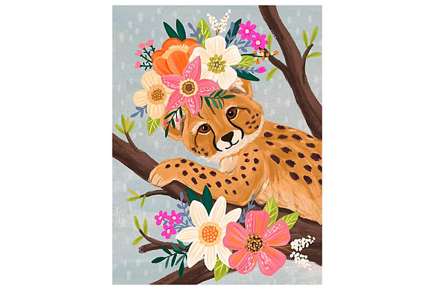 Dressing up a nursery or kids’ room? Go on a style safari with this vibrant gallery wrapped wall art of a floral-adorned baby cheetah. Designed by famed artist Olivia Gibbs, this high-quality giclee reproduction adds a touch of wild child.Gallery wrapped canvas wall art | Created using highest quality digital reproduction method for exceptional color and clarity | Printed on artist-grade premium canvas, stretched by hand over custom-built 1.5" wood frame | Proudly printed in the USA