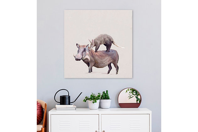 An inspired choice for a nursery or kids’ room, this gallery wrapped wall art of a warthog and anteater by famed artist Cathy Walters reminds us to stick with friends who’ve got your back. The fact that they’re such an unlikely pair makes this vivid canvas art that much more lovable.Gallery wrapped canvas wall art | Created with giclee print method for highest quality reproduction | Printed on artist-grade premium canvas, stretched by hand over custom-built 1.5" wood frame | Proudly printed in the USA