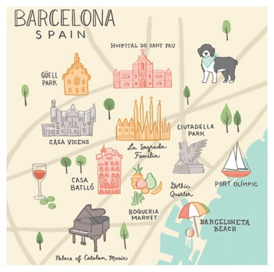 Oopsy Daisy World Traveler - Barcelona Spain by Anne Bollman Posters That Stick, Beige, large