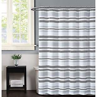 Make a fresh and modern statement with this simple and casual horizontal striped shower curtain. Dominated by gray shades on a white background with printed texture on some bands for added depth, this chic shower curtain is such a refreshing sight. Featuring Truly Soft™ face and back material in microfiber polyester with special finishes for softness and performance you can count on.Made of microfiber polyester | Gray and white | Includes reinforced hook holes | Requires liner (sold separately) | Imported | Machine washable