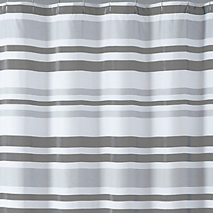 Make a fresh and modern statement with this simple and casual horizontal striped shower curtain. Dominated by gray shades on a white background with printed texture on some bands for added depth, this chic shower curtain is such a refreshing sight. Featuring Truly Soft™ face and back material in microfiber polyester with special finishes for softness and performance you can count on.Made of microfiber polyester | Gray and white | Includes reinforced hook holes | Requires liner (sold separately) | Imported | Machine washable