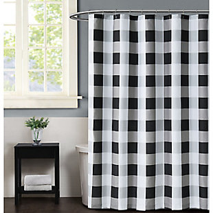 Add stylish farmhouse charm to your bathroom decor with this lovely black-and-white plaid shower curtain! This brilliant Buffalo print pattern is as trendy as it is timeless.Made of microfiber polyester | Black and white | Includes reinforced hook holes | Requires liner (sold separately) | Imported | Machine washable