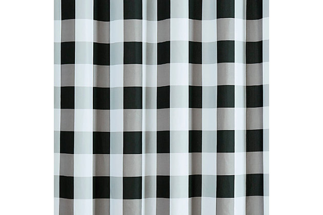 Add stylish farmhouse charm to your bathroom decor with this lovely black-and-white plaid shower curtain! This brilliant Buffalo print pattern is as trendy as it is timeless.Made of microfiber polyester | Black and white | Includes reinforced hook holes | Requires liner (sold separately) | Imported | Machine washable