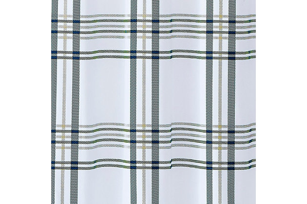 This smart plaid shower curtain incorporates a large format grid with traditional blue and tan shades for a splash of brilliance. The fabric is a soft, brushed microfiber polyester fabric that feels every bit as great as it looks.Made of microfiber polyester | Blue, tan and white | Includes reinforced hook holes | Requires liner (sold separately) | Imported | Machine washable