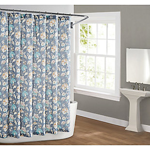 This timeless and earthy shower curtain features a farmhouse style print that brings a touch of tradition into your bedroom. The cotton fabric face cloth is printed on a slate blue base and includes shades of green, natural tans and taupe blossoms in the vine print. The reverse is solid slate blue.Made of cotton | Green, tan, slate blue and taupe | Includes reinforced hook holes | Requires liner (sold separately) | Imported | Machine washable