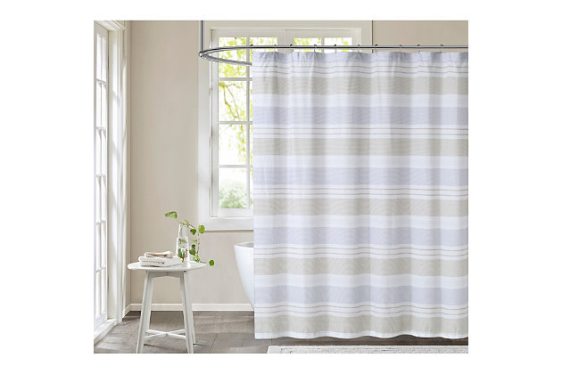 Update your bath to a spa-like feel with this horizontal stripe shower curtain. Look closely to see the stripes are made of small geometric and textured patterns bringing added depth to the design. This horizontal stripe pattern is a classic and an easily coordinated look for your home.Made of cotton and microfiber polyester | Blue and tan | Includes reinforced hook holes | Requires liner (sold separately) | Imported | Machine washable
