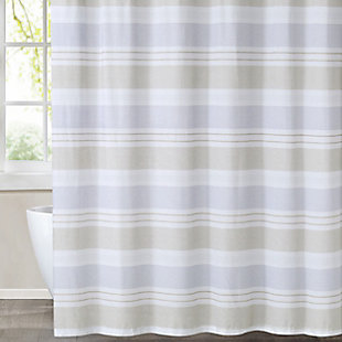 Update your bath to a spa-like feel with this horizontal stripe shower curtain. Look closely to see the stripes are made of small geometric and textured patterns bringing added depth to the design. This horizontal stripe pattern is a classic and an easily coordinated look for your home.Made of cotton and microfiber polyester | Blue and tan | Includes reinforced hook holes | Requires liner (sold separately) | Imported | Machine washable