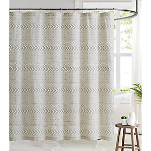 Full of uniquely contemporary panache, this cream and blue shower curtain is a modern take on a traditional stone tile style print. The horizontal bands appear as stripes from a distance but are more complex as you get closer. The reverse is solid ivory.Made of cotton and microfiber polyester | Cream and blue | Includes reinforced hook holes | Requires liner (sold separately) | Imported | Machine washable | Water and fade resistant