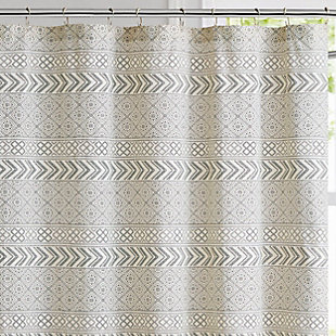 Full of uniquely contemporary panache, this cream and blue shower curtain is a modern take on a traditional stone tile style print. The horizontal bands appear as stripes from a distance but are more complex as you get closer. The reverse is solid ivory.Made of cotton and microfiber polyester | Cream and blue | Includes reinforced hook holes | Requires liner (sold separately) | Imported | Machine washable | Water and fade resistant