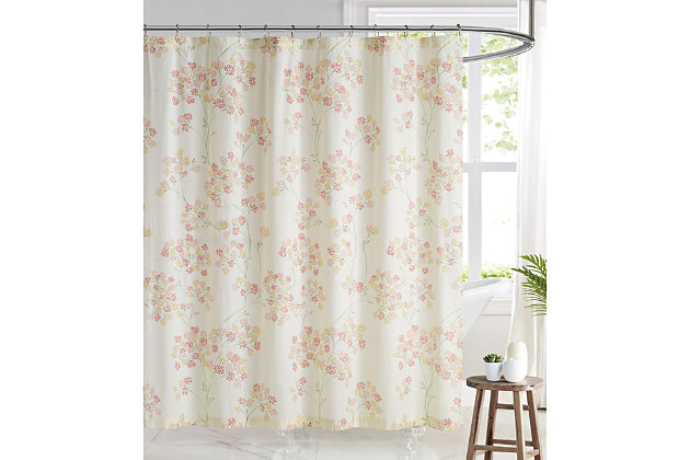 This shower curtain’s large-scale winding floral vine, with dusty red and yellow flowers, blooms on a comforting ivory background. Perfect for more neutral rooms, this pattern adds a bright yet comforting beige tone for a soothing, sweet experience.Made of cotton and microfiber polyester | Ivory, green, yellow and dusty red | Includes reinforced hook holes | Requires liner (sold separately) | Imported | Machine washable | Water and fade resistant