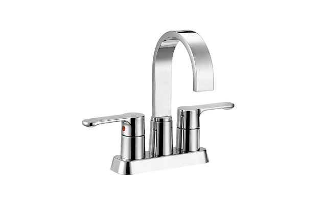 This contemporary bathroom faucet emphasizes the crisp qualities of slender hardware with enticing curved lines flowing from top to bottom. Stemming from a centerset base, the faucet is slim, sleek and smooth, featuring a rectangular spout for an utterly polished look.Made of brass, zinc, stainless steel and plastic | Includes 4" centerset faucet | Chrome-tone finish | Two handle faucet operation for effortless water temperature control | Easy 3-hole installation with optional deck plate (sold separately)