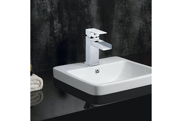 This bathroom faucet dispenses a gentle waterfall that is calming to see, feel and hear. Clean lines and a gleaming chrome-tone finish capture the sleek aspect of minimalist design, making this single handle vessel faucet a distinctive accent for contemporary bathrooms.Made of brass, zinc, stainless steel and plastic | 6" vessel faucet | Chrome-tone finish | Single handle faucet operation for effortless water temperature control | Easy 1-hole installation