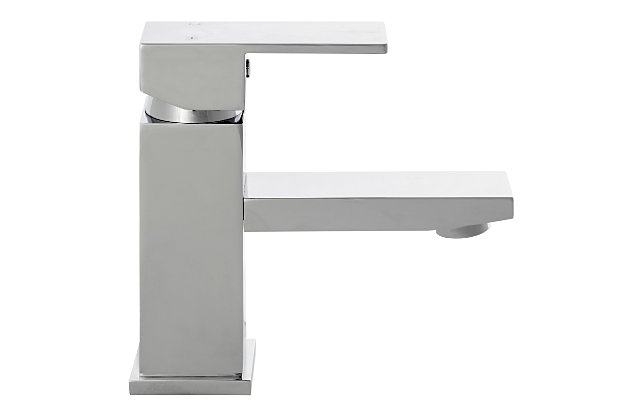 Sharp and sculpted, this bathroom faucet is a statuesque addition to contemporary bathroom design. Crafted with clean-edged rectangles and a chic chrome-tone finish, this single handle vessel faucet is a modern masterpiece that shines in any setting.Made of brass, zinc, stainless steel and plastic | 6" vessel faucet | Chrome-tone finish | Single handle faucet operation for effortless water temperature control | Easy 1-hole installation