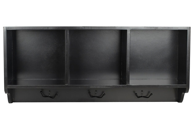 Reminiscent of schoolhouse cubbies, this wall shelf is designed to minimize entry hall clutter and keep essentials organized. Three storage spaces for hats, gloves or decorative accessories and hooks for coats and scarves, help keep everything clutter free.Made of engineered wood and zinc | Black finish | 3 storage compartments | 3 double prong hooks | Ready to hang