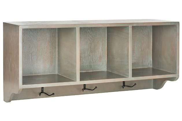 Reminiscent of schoolhouse cubbies, this wall shelf is designed to minimize entry hall clutter and keep essentials organized. Three storage spaces for hats, gloves or decorative accessories and hooks for coats and scarves, help keep everything clutter free.Made of engineered wood and zinc | Ash gray finish | 3 storage compartments | 3 double prong hooks | Ready to hang
