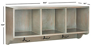 Reminiscent of schoolhouse cubbies, this wall shelf is designed to minimize entry hall clutter and keep essentials organized. Three storage spaces for hats, gloves or decorative accessories and hooks for coats and scarves, help keep everything clutter free.Made of engineered wood and zinc | Ash gray finish | 3 storage compartments | 3 double prong hooks | Ready to hang