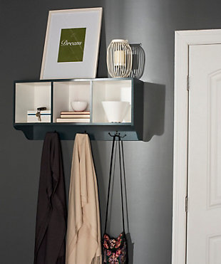 Reminiscent of schoolhouse cubbies, this wall shelf is designed to minimize entry hall clutter and keep essentials organized. Three storage spaces for hats, gloves or decorative accessories and hooks for coats and scarves, help keep everything clutter free.Made of engineered wood and zinc | Ash gray and white finish | 3 storage compartments | 3 double prong hooks | Ready to hang