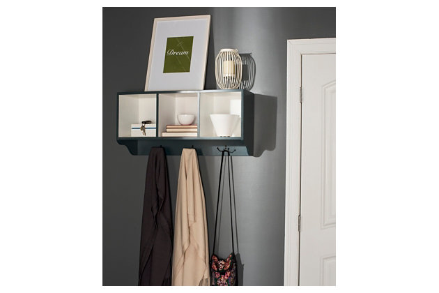 Reminiscent of schoolhouse cubbies, this wall shelf is designed to minimize entry hall clutter and keep essentials organized. Three storage spaces for hats, gloves or decorative accessories and hooks for coats and scarves, help keep everything clutter free.Made of engineered wood and zinc | Ash gray and white finish | 3 storage compartments | 3 double prong hooks | Ready to hang
