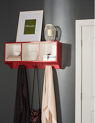 Reminiscent of schoolhouse cubbies, this wall shelf is designed to minimize entry hall clutter and keep essentials organized. Three storage spaces for hats, gloves or decorative accessories and hooks for coats and scarves, help keep everything clutter free.Made of engineered wood and zinc | Red and white finish | 3 storage compartments | 3 double prong hooks | Ready to hang