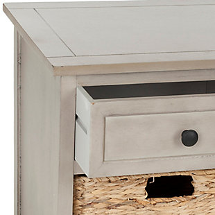 Keep clutter tucked away in this 3-drawer storage unit offering stylish organization for entryways, family rooms and bedrooms. Crafted of sturdy pine with a vintage gray finish, this unit offers three handy drawers for er items above three ample wicker baskets that slide in and out for easy use. It is a perfect companion for country homes, city apartments or formal manors.Made of pine wood and aluminum alloy | Vintage gray finish | 3 drawers and 3 wicker storage bins | Minor assembly required