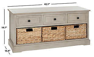 Keep clutter tucked away in this 3-drawer storage unit offering stylish organization for entryways, family rooms and bedrooms. Crafted of sturdy pine with a vintage gray finish, this unit offers three handy drawers for smaller items above three ample wicker baskets that slide in and out for easy use. It is a perfect companion for country homes, city apartments or formal manors.Made of pine wood and aluminum alloy | Vintage gray finish | 3 drawers and 3 wicker storage bins | Minor assembly required