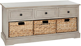 Keep clutter tucked away in this 3-drawer storage unit offering stylish organization for entryways, family rooms and bedrooms. Crafted of sturdy pine with a vintage gray finish, this unit offers three handy drawers for er items above three ample wicker baskets that slide in and out for easy use. It is a perfect companion for country homes, city apartments or formal manors.Made of pine wood and aluminum alloy | Vintage gray finish | 3 drawers and 3 wicker storage bins | Minor assembly required
