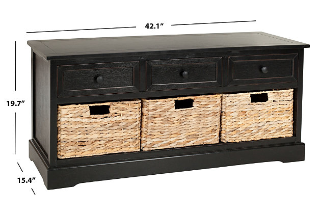 Keep clutter tucked away in this 3-drawer storage unit offering stylish organization for entryways, family rooms and bedrooms. Crafted of sturdy pine with a vintage gray finish, this unit offers three handy drawers for smaller items above three ample wicker baskets that slide in and out for easy use. It is a perfect companion for country homes, city apartments or formal manors.Made of pine wood and aluminum alloy | Distressed black finish | 3 drawers and 3 wicker storage bins | Minor assembly required