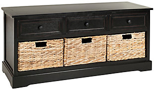 Keep clutter tucked away in this 3-drawer storage unit offering stylish organization for entryways, family rooms and bedrooms. Crafted of sturdy pine with a vintage gray finish, this unit offers three handy drawers for smaller items above three ample wicker baskets that slide in and out for easy use. It is a perfect companion for country homes, city apartments or formal manors.Made of pine wood and aluminum alloy | Distressed black finish | 3 drawers and 3 wicker storage bins | Minor assembly required