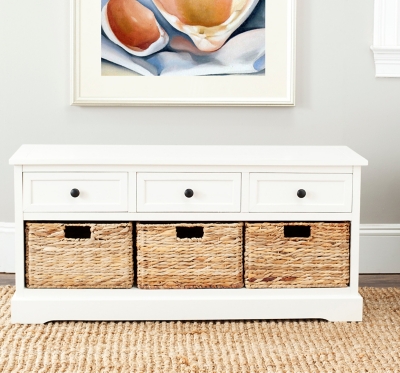 Safavieh Damien 3 Drawer Storage Bench, Distressed Cream