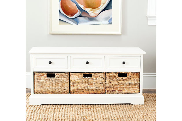 Keep clutter tucked away in this 3-drawer storage unit offering stylish organization for entryways, family rooms and bedrooms. Crafted of sturdy pine with a vintage gray finish, this unit offers three handy drawers for smaller items above three ample wicker baskets that slide in and out for easy use. It is a perfect companion for country homes, city apartments or formal manors.Made of pine wood and aluminum alloy | Distressed cream finish | 3 drawers and 3 wicker storage bins | Minor assembly required
