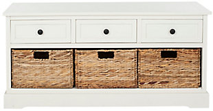 Keep clutter tucked away in this 3-drawer storage unit offering stylish organization for entryways, family rooms and bedrooms. Crafted of sturdy pine with a vintage gray finish, this unit offers three handy drawers for smaller items above three ample wicker baskets that slide in and out for easy use. It is a perfect companion for country homes, city apartments or formal manors.Made of pine wood and aluminum alloy | Distressed cream finish | 3 drawers and 3 wicker storage bins | Minor assembly required