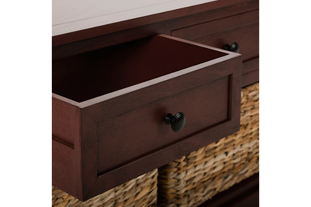 Keep clutter tucked away in this 3-drawer storage unit offering stylish organization for entryways, family rooms and bedrooms. Crafted of sturdy pine with a vintage gray finish, this unit offers three handy drawers for smaller items above three ample wicker baskets that slide in and out for easy use. It is a perfect companion for country homes, city apartments or formal manors.Made of pine wood and aluminum alloy | Red finish | 3 drawers and 3 wicker storage bins | Minor assembly required