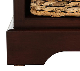 Keep clutter tucked away in this 3-drawer storage unit offering stylish organization for entryways, family rooms and bedrooms. Crafted of sturdy pine with a vintage gray finish, this unit offers three handy drawers for smaller items above three ample wicker baskets that slide in and out for easy use. It is a perfect companion for country homes, city apartments or formal manors.Made of pine wood and aluminum alloy | Red finish | 3 drawers and 3 wicker storage bins | Minor assembly required