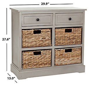 Country charm with an easygoing twist characterizes this storage unit. With its four removable woven baskets and pine construction, storing or finding what you need has never been easier.Made of pine wood, aluminum alloy and rattan | Vintage gray finish | 2 drawers and 4 rattan storage bins | No assembly required