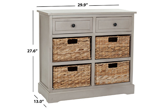 Country charm with an easygoing twist characterizes this storage unit. With its four removable woven baskets and pine construction, storing or finding what you need has never been easier.Made of pine wood, aluminum alloy and rattan | Vintage gray finish | 2 drawers and 4 rattan storage bins | No assembly required