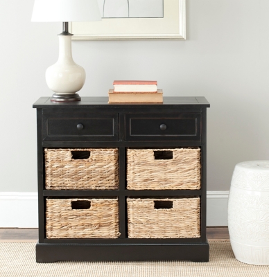 Distressed Black Keenan Storage Chest with Wicker Drawers